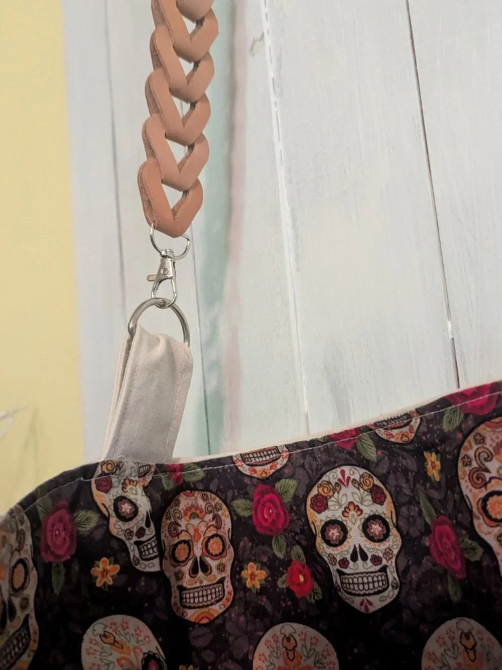 Canvas Tote Bag with Leather strap lined with Suger Skull cotton